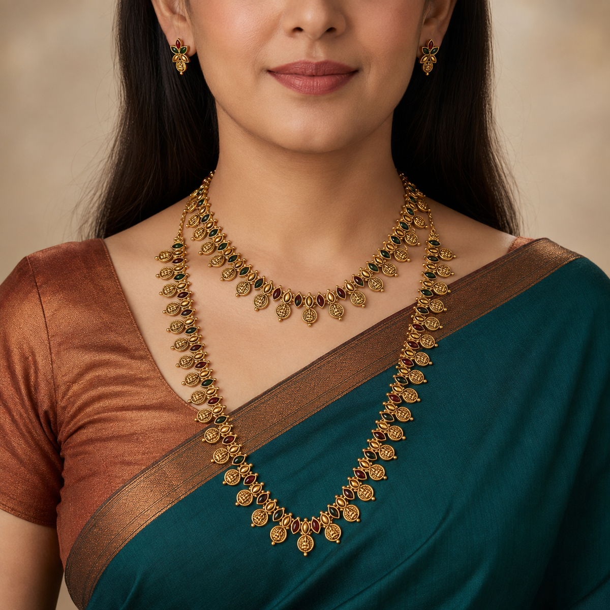 Close model view wearing both coin motif necklaces and tiny matching earrings