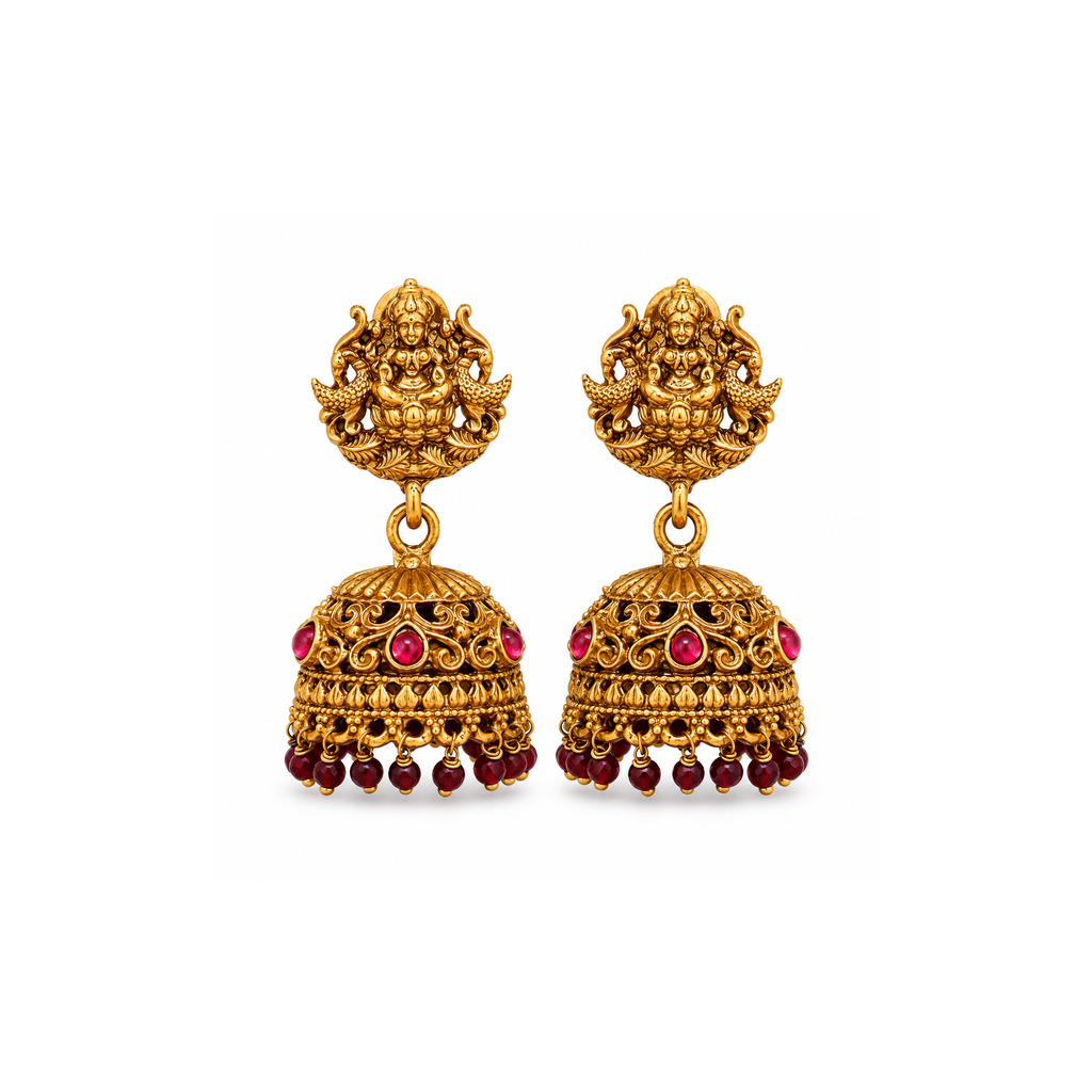 Pair of antique gold-tone deity jhumkas with deep-red bead fringe