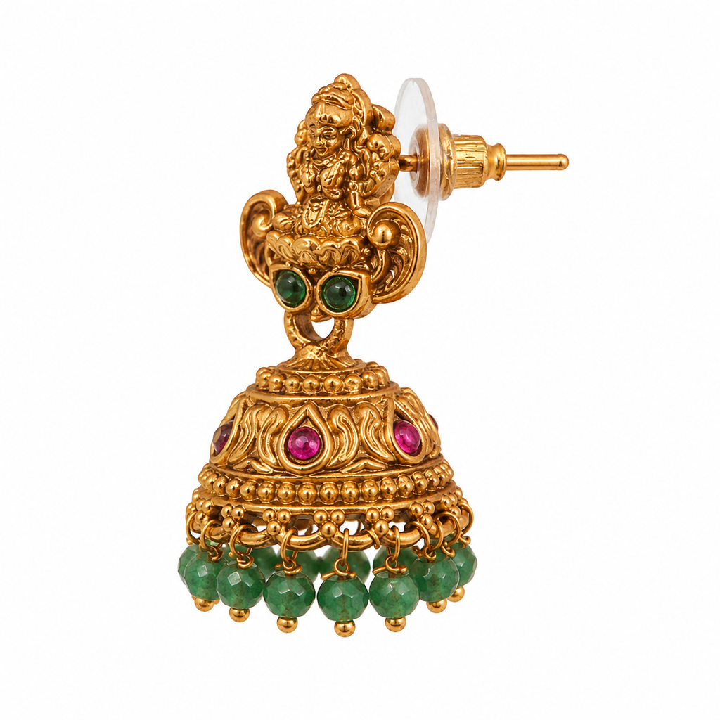 Jhumka earring side view showing post and push-back fitting