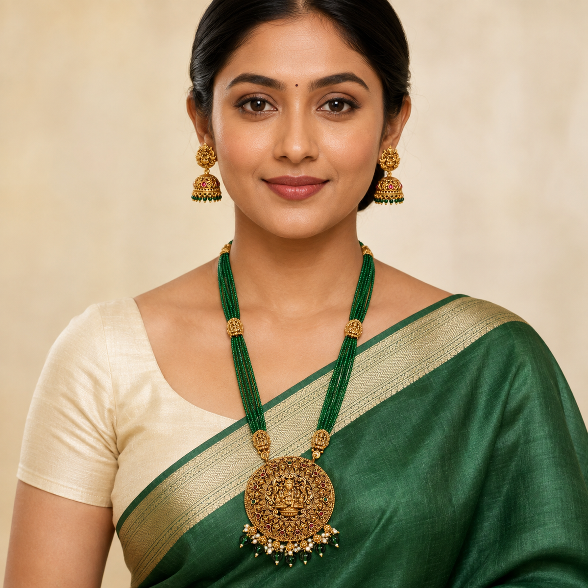 Close portrait wearing emerald-green Lakshmi necklace and jhumkas