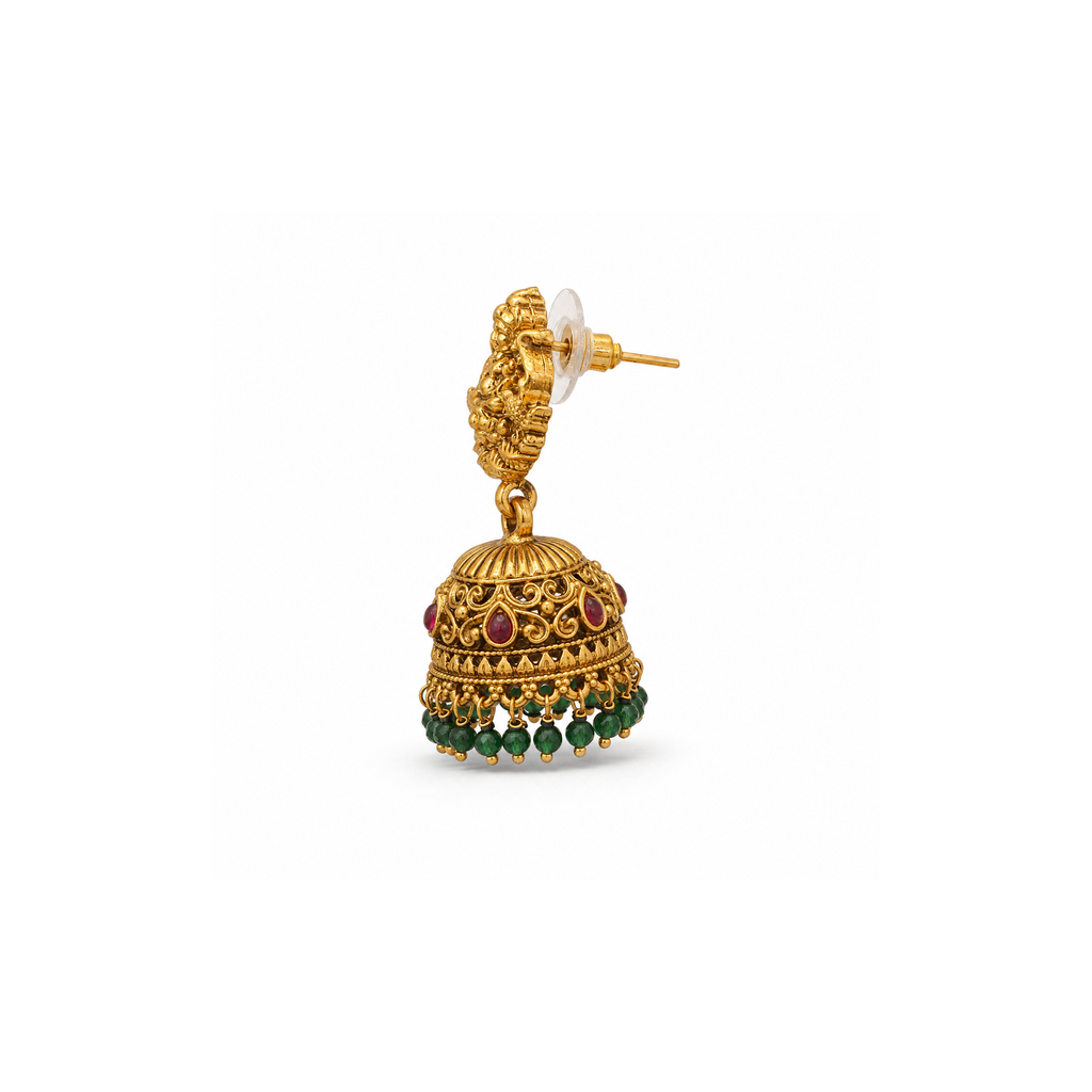 Side view of Lakshmi jhumka earring with post and green fringe