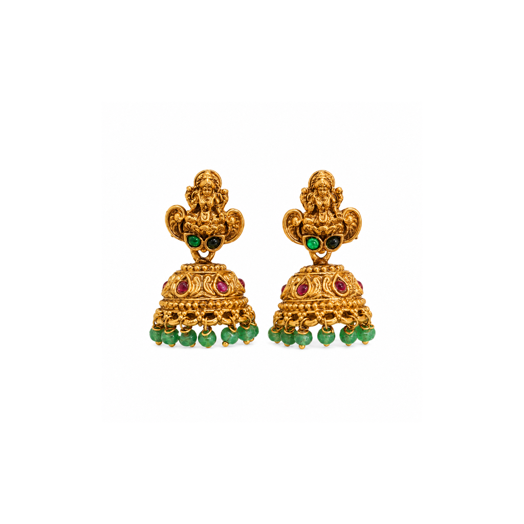 Pair of Lakshmi jhumka earrings with pink stones and green beads