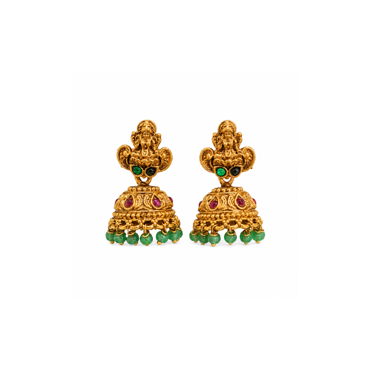 Pair of Lakshmi jhumka earrings with pink stones and green beads