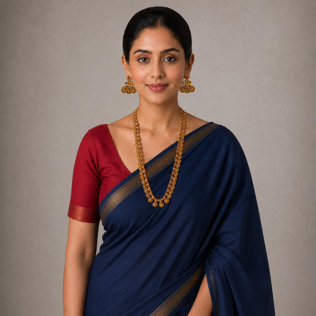 Above-waist model in navy saree and ruby blouse wearing the complete antique gold-tone necklace set