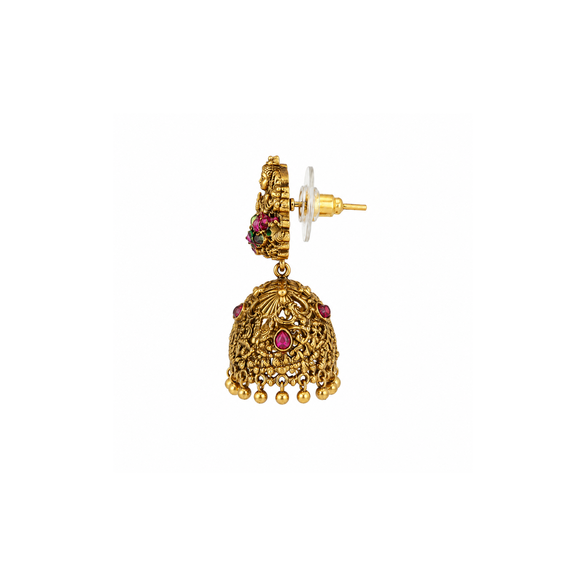 Side view of a Lakshmi jhumka earring showing the post fitting
