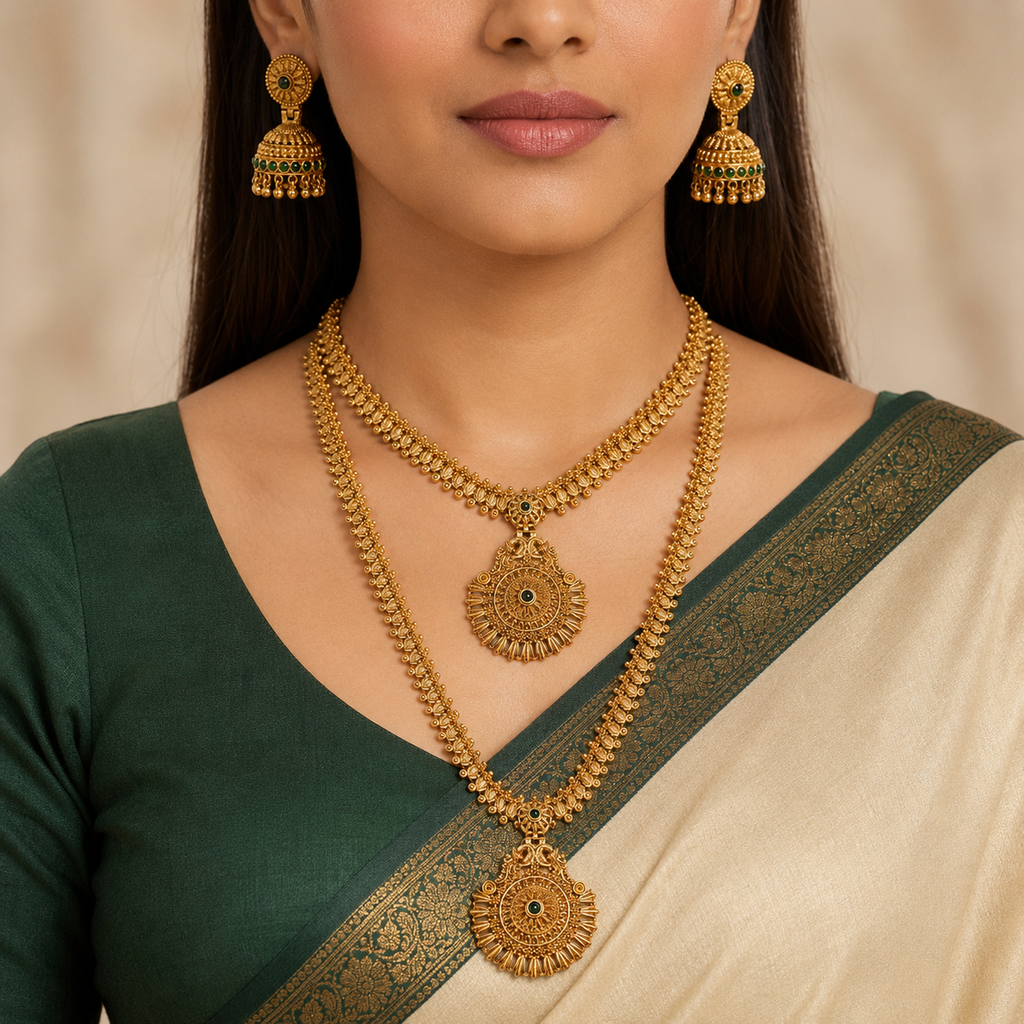 Close model view wearing the layered peacock pendant necklaces and matching green jhumka earrings