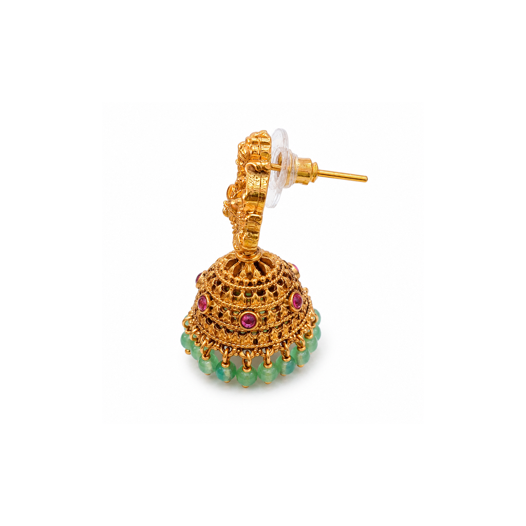 Temple jhumka earring side view showing post and clear support disc