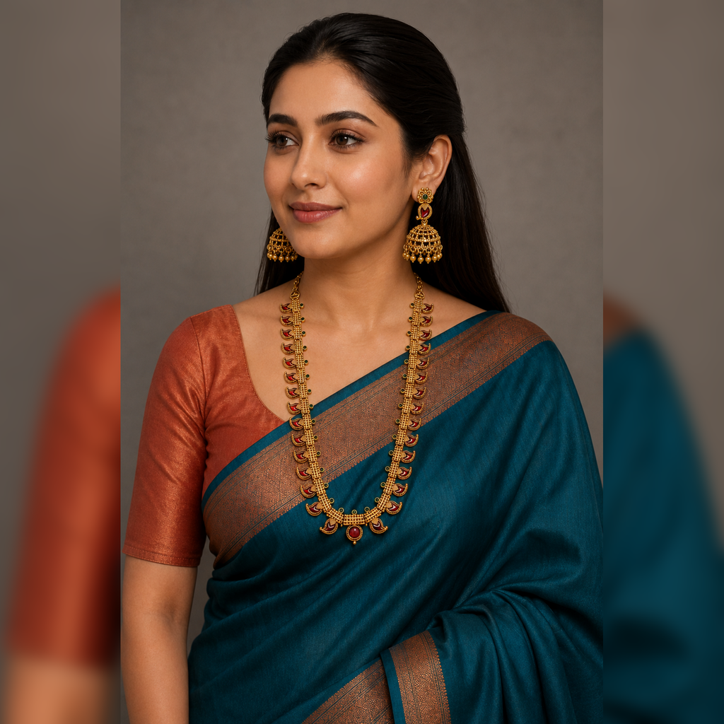 Above-waist model in teal saree wearing long gold-tone mango motif necklace and matching jhumkas