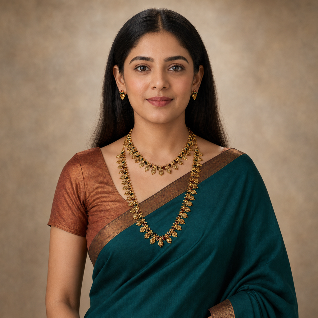 Indian woman in a teal saree wearing the layered multicolour coin necklace set