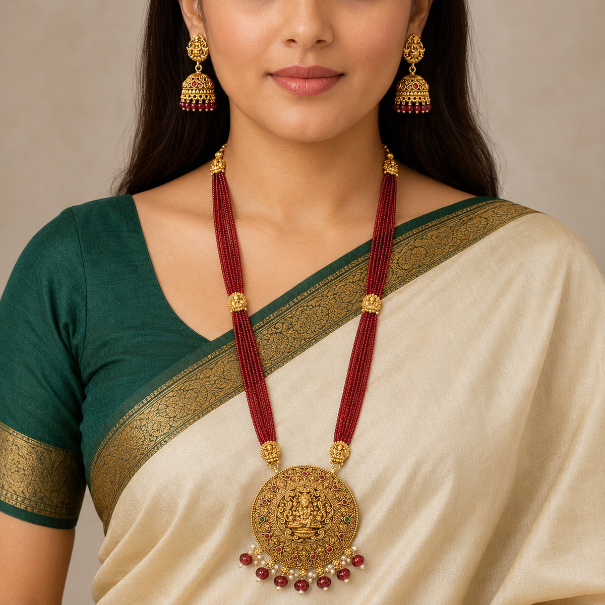 Close view of model wearing red long necklace and matching jhumkas