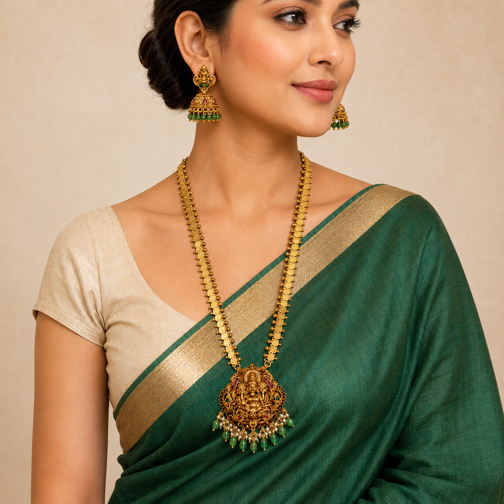Indian woman wearing Lakshmi long necklace and matching jhumkas