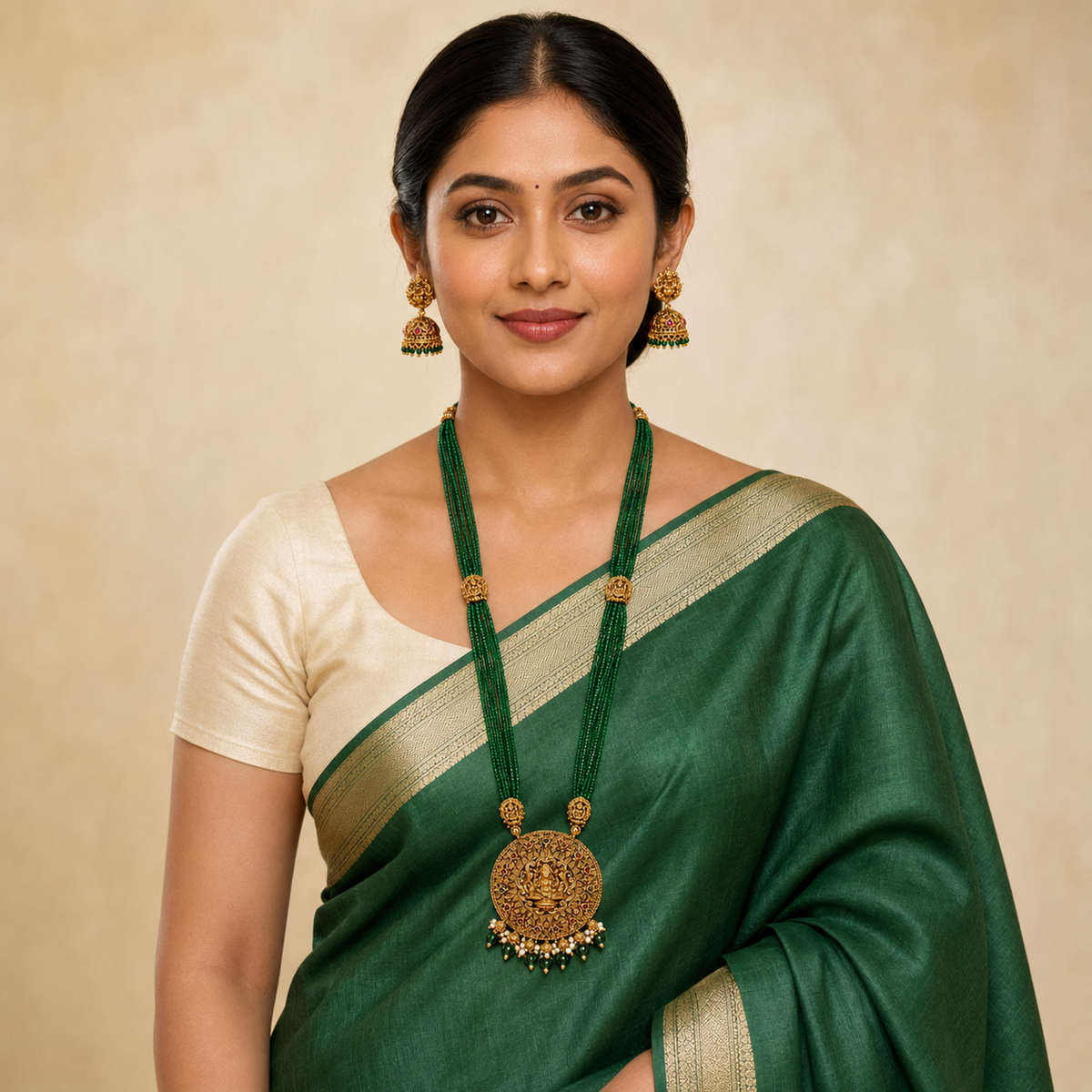 Indian woman in green silk saree wearing the complete long necklace set