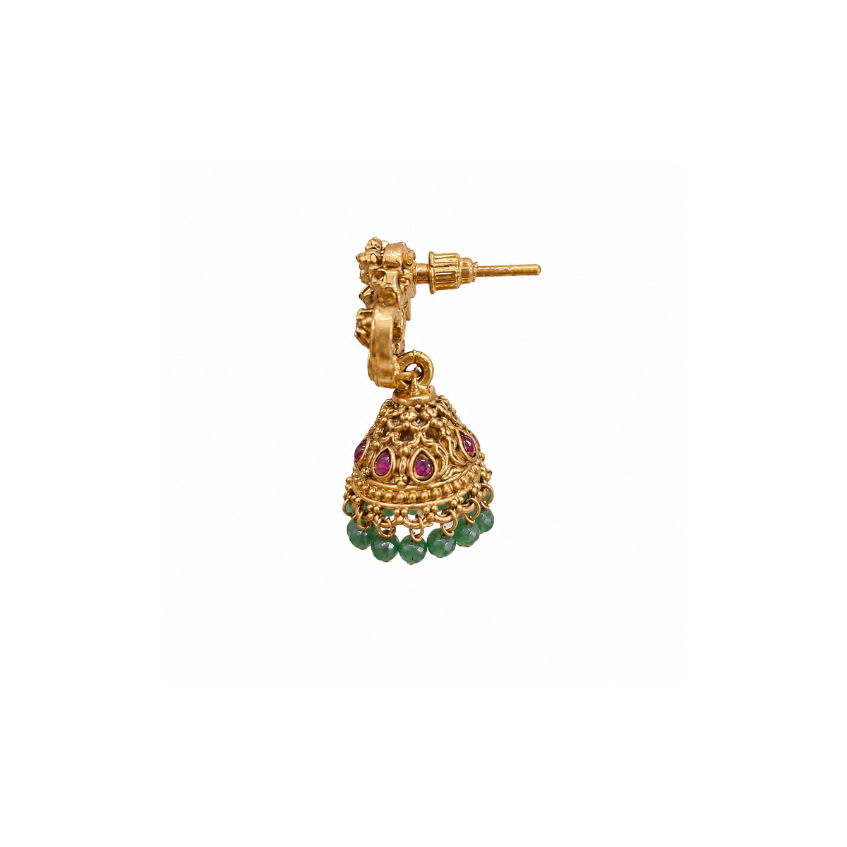 Side view of Lakshmi jhumka earring with post and push-back closure