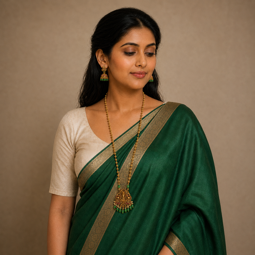Above-waist portrait wearing Lakshmi necklace and jhumkas with green saree