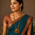 Indian woman in a teal silk saree wearing the Lakshmi long necklace set