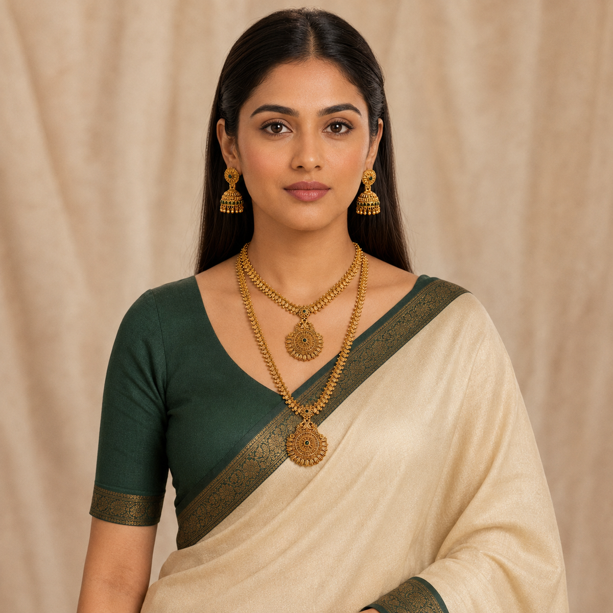 Indian woman in cream and forest-green silk saree wearing the complete layered necklace set