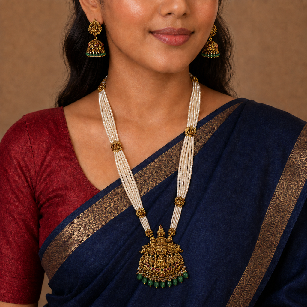 Close view of woman in navy saree wearing the long temple necklace set
