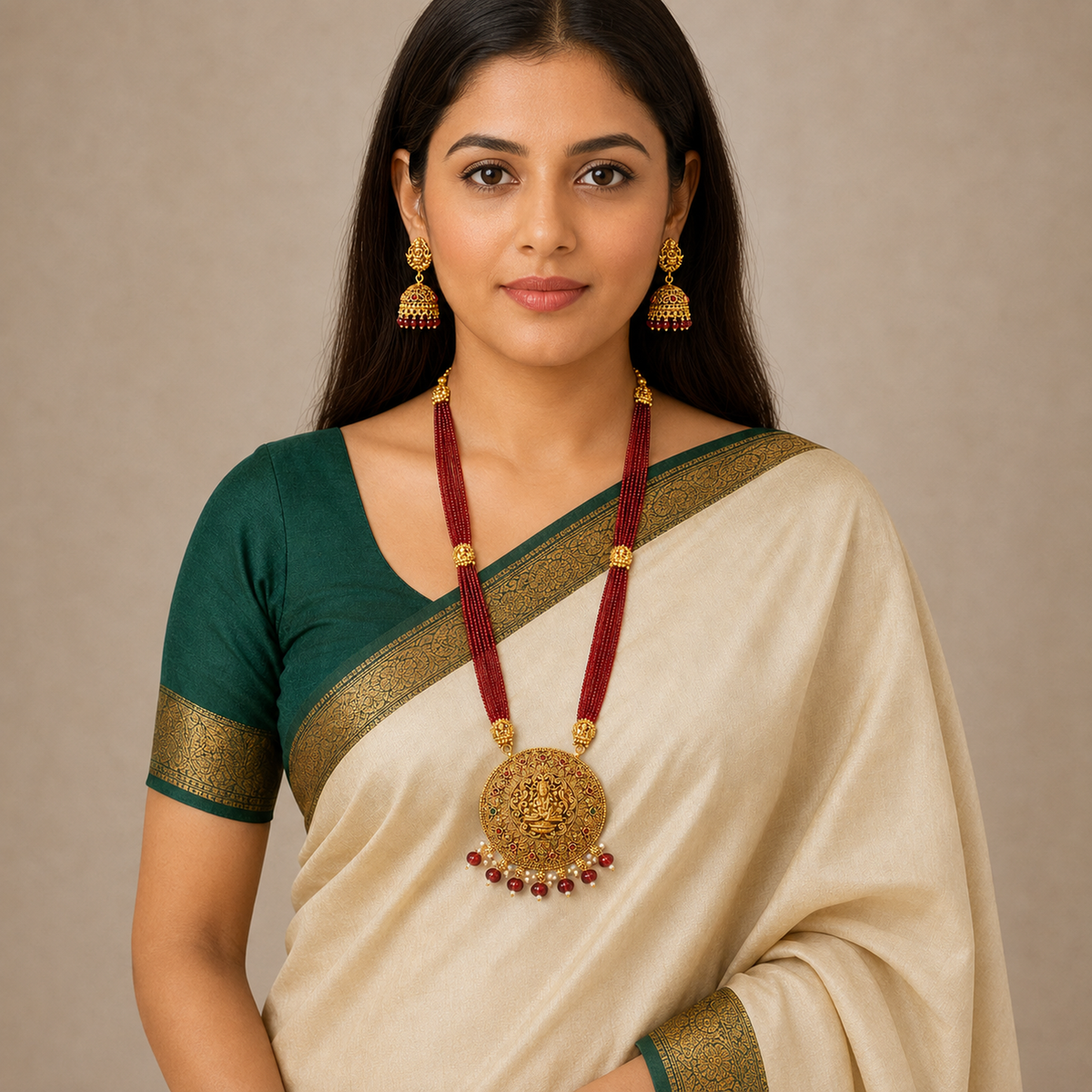 Indian model in cream and green silk saree wearing red necklace set