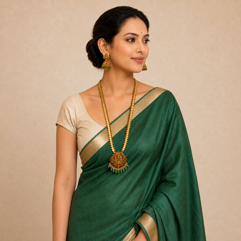 Above-waist portrait wearing green saree and Lakshmi necklace set