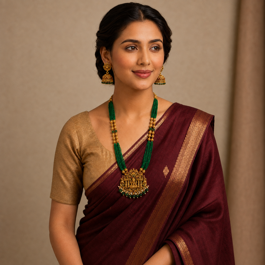 Woman in maroon silk saree wearing long Lakshmi necklace set