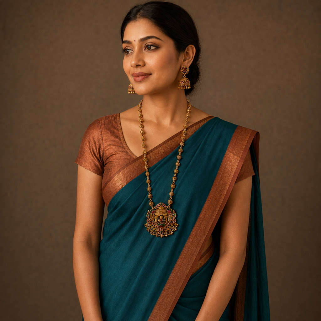 Above-waist portrait wearing the Lakshmi pendant necklace and jhumka earrings