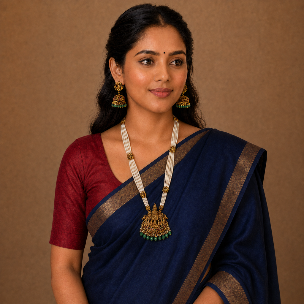 Indian woman in navy saree wearing pearl-style temple necklace and jhumkas