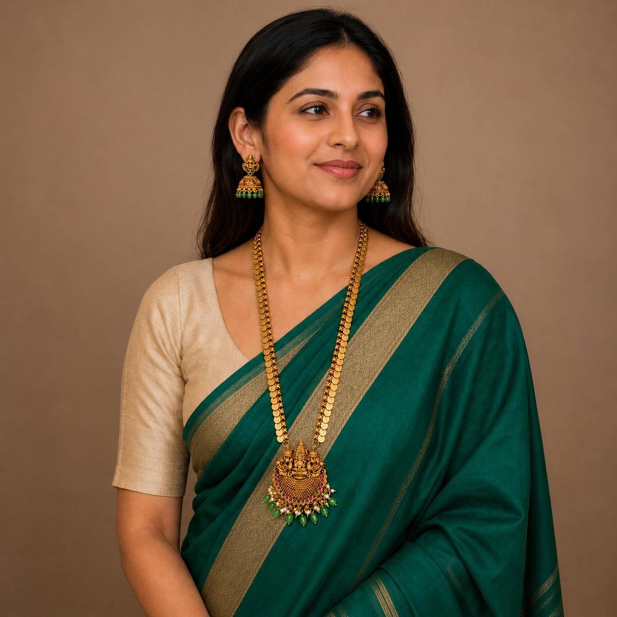 Indian woman in emerald saree wearing Lakshmi coin necklace set